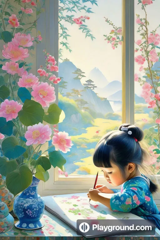 a painting of a little girl writing in front of a window