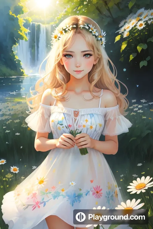 a girl in a white dress holding a bouquet of flowers