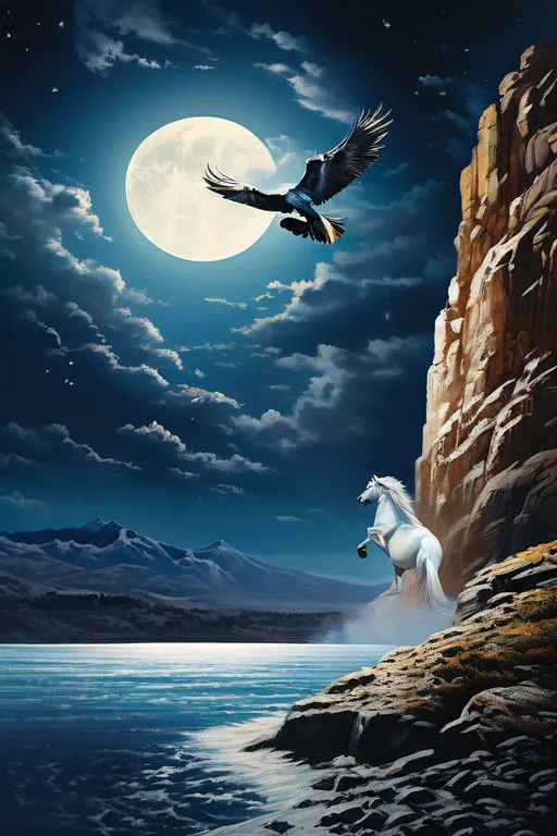 a painting of a white horse and a bird flying over a body of water