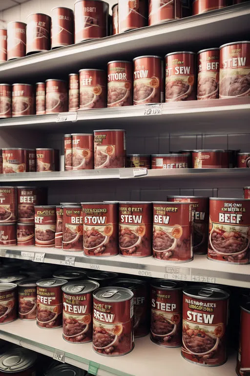 In the store on the counter there are several iron cans of beef and pork stew, label, cinematic