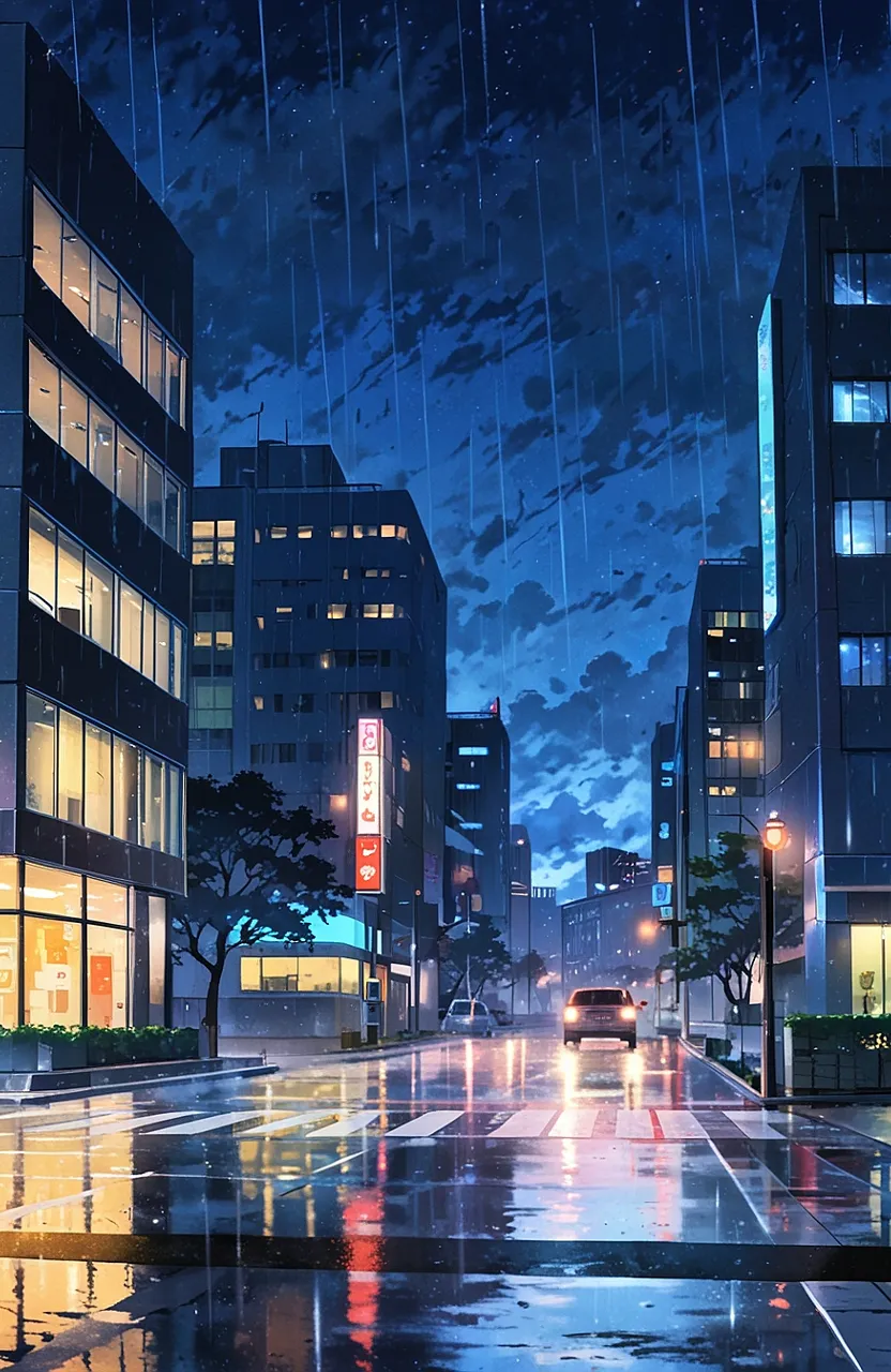 a city street at night with a car driving in the rain