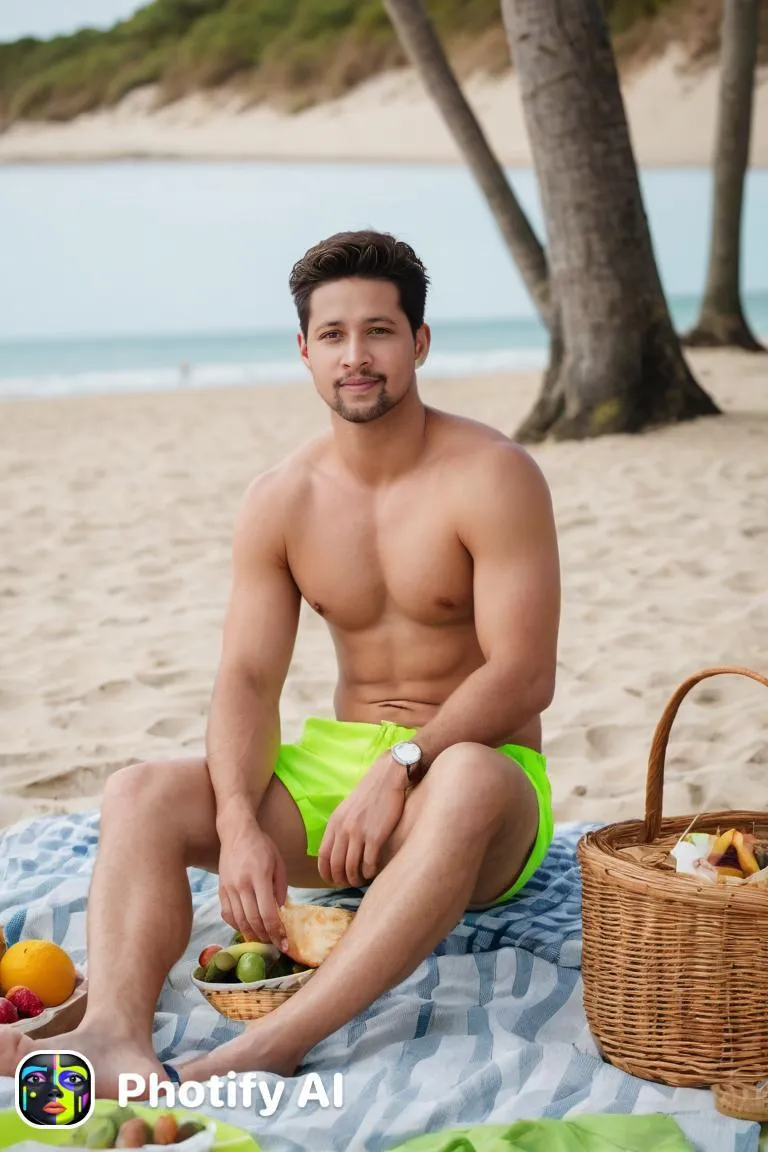 a shirtless man sitting on a towel on the beach