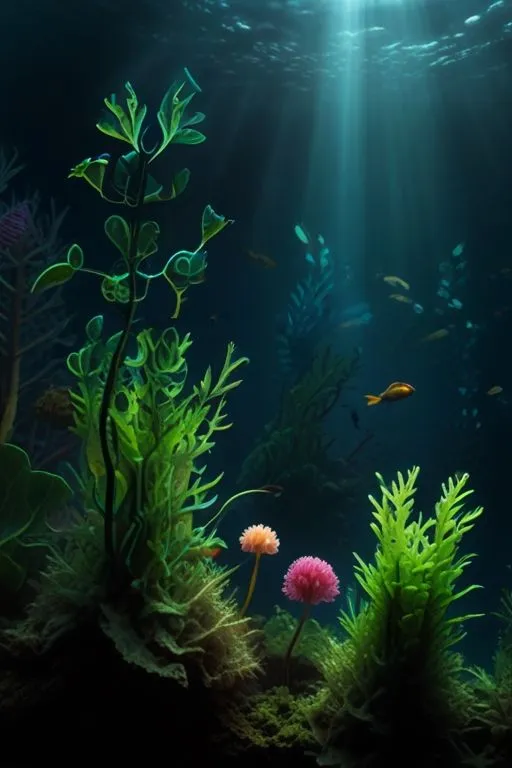 an underwater scene with plants and fish