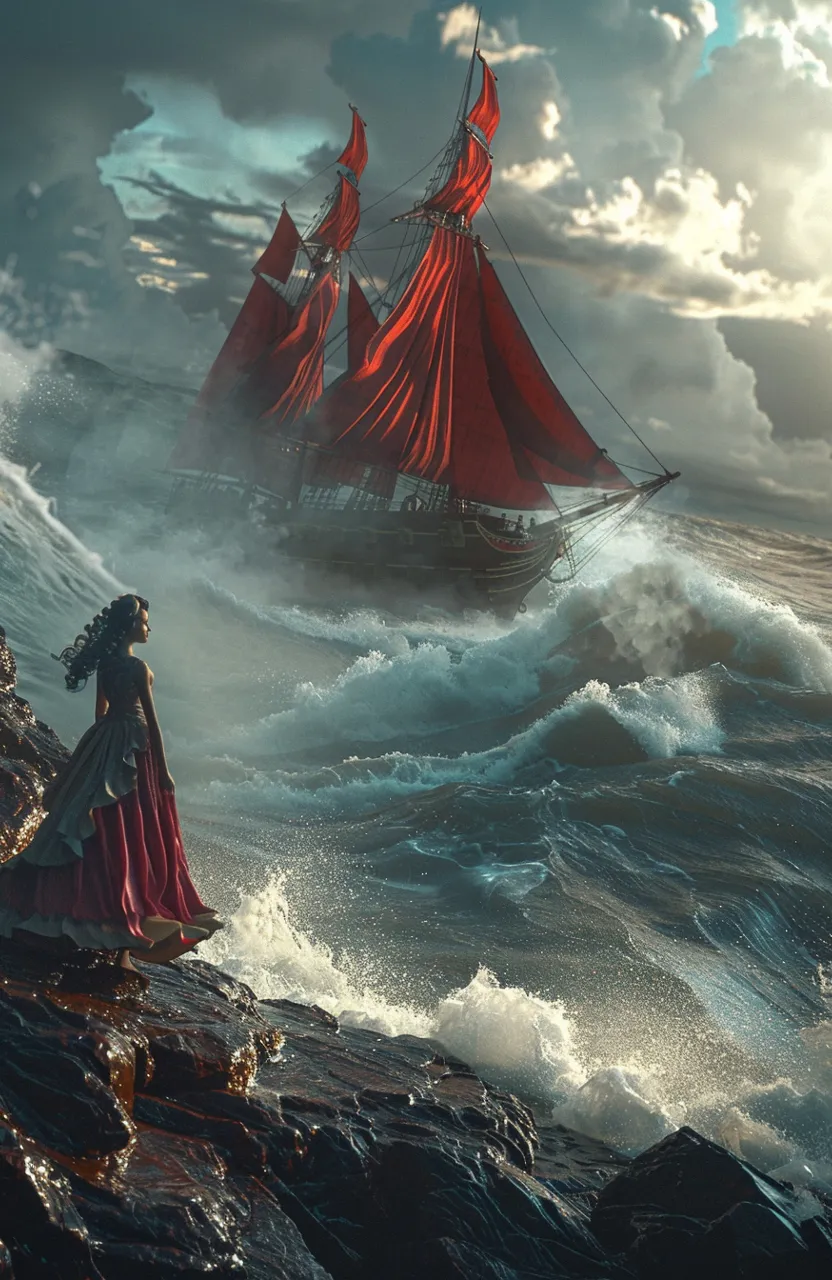 a woman in a red dress standing on a rocky shore with a ship in the