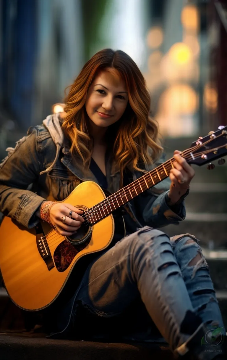 a woman sitting on steps playing a guitar