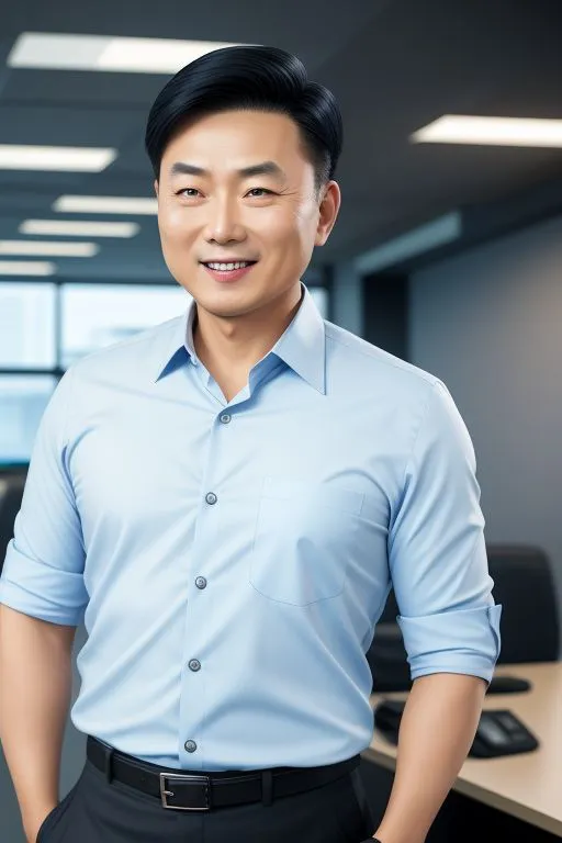 a man in a blue shirt and black pants