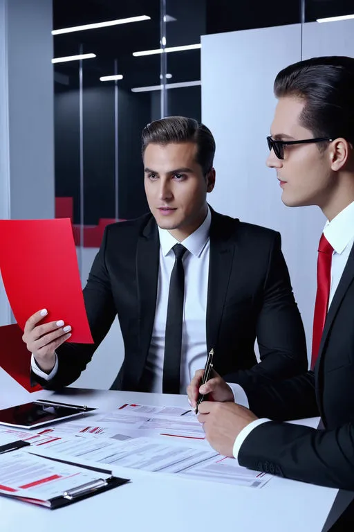 two men in suits sitting at a table with papers