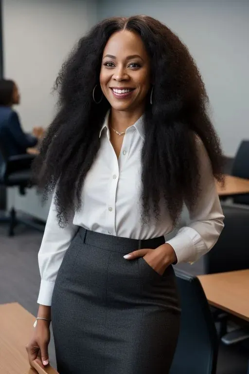 a woman with long hair standing in front of a desk