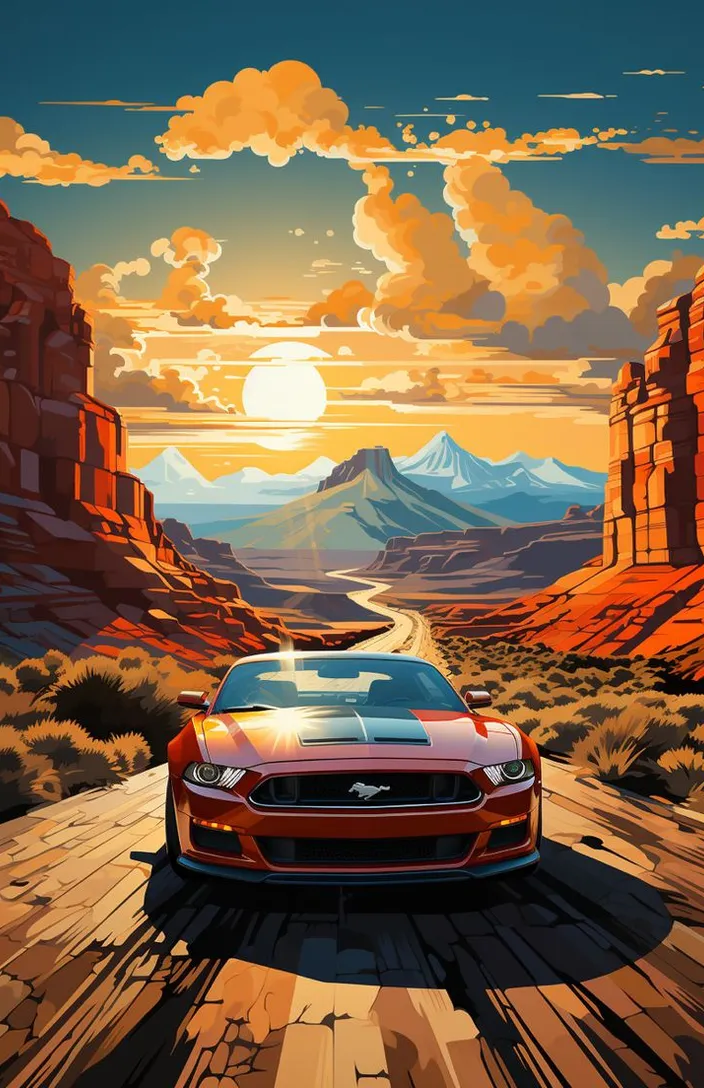 a red car driving down a desert road