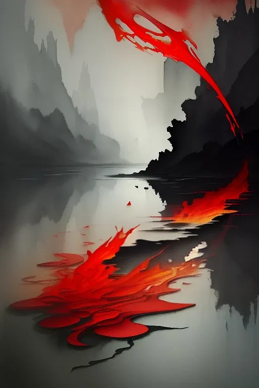 a painting of a body of water with red and black colors