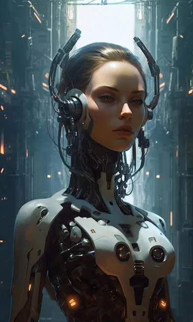 a woman in a futuristic suit with headphones