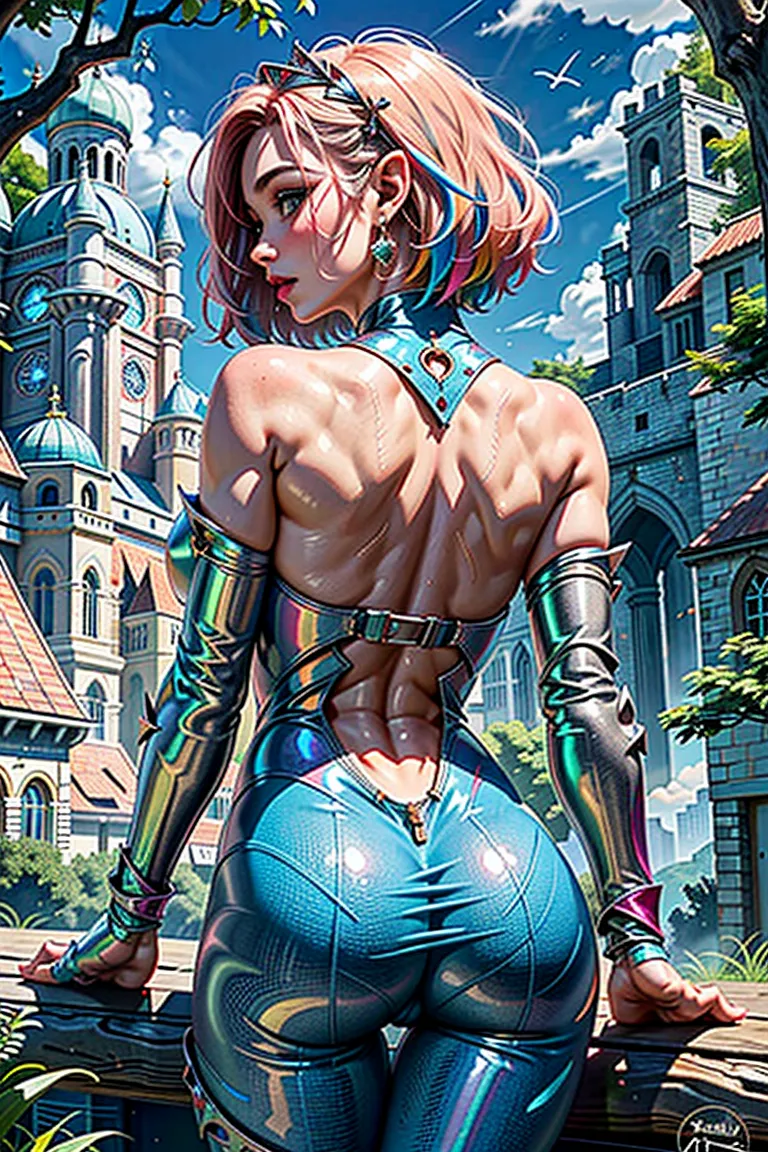 a woman in a futuristic outfit standing in front of a castle