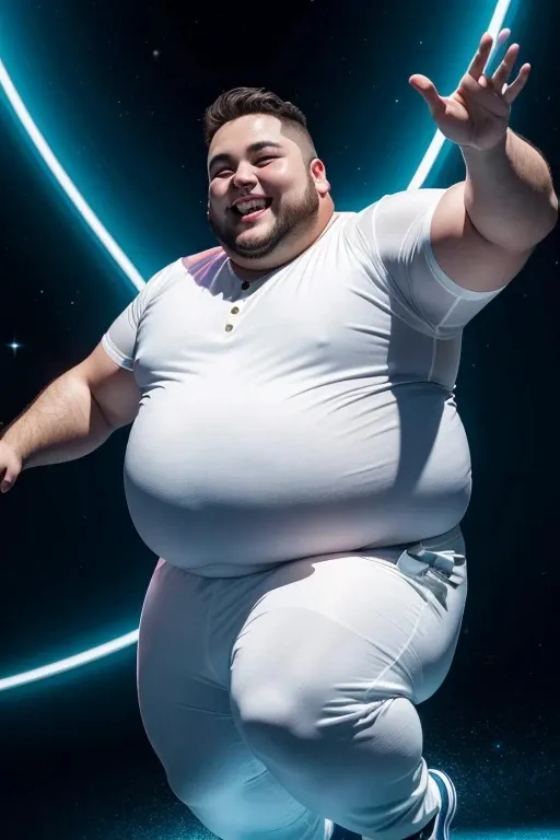 a fat man in a white outfit is dancing