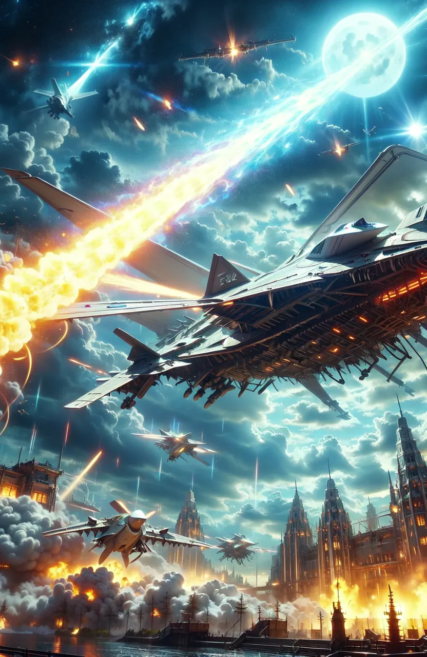 Two massive spaceships locked in epic battle, firing energy weapons that tear through the hulls of each vessel, all set against the backdrop of a colorful nebula