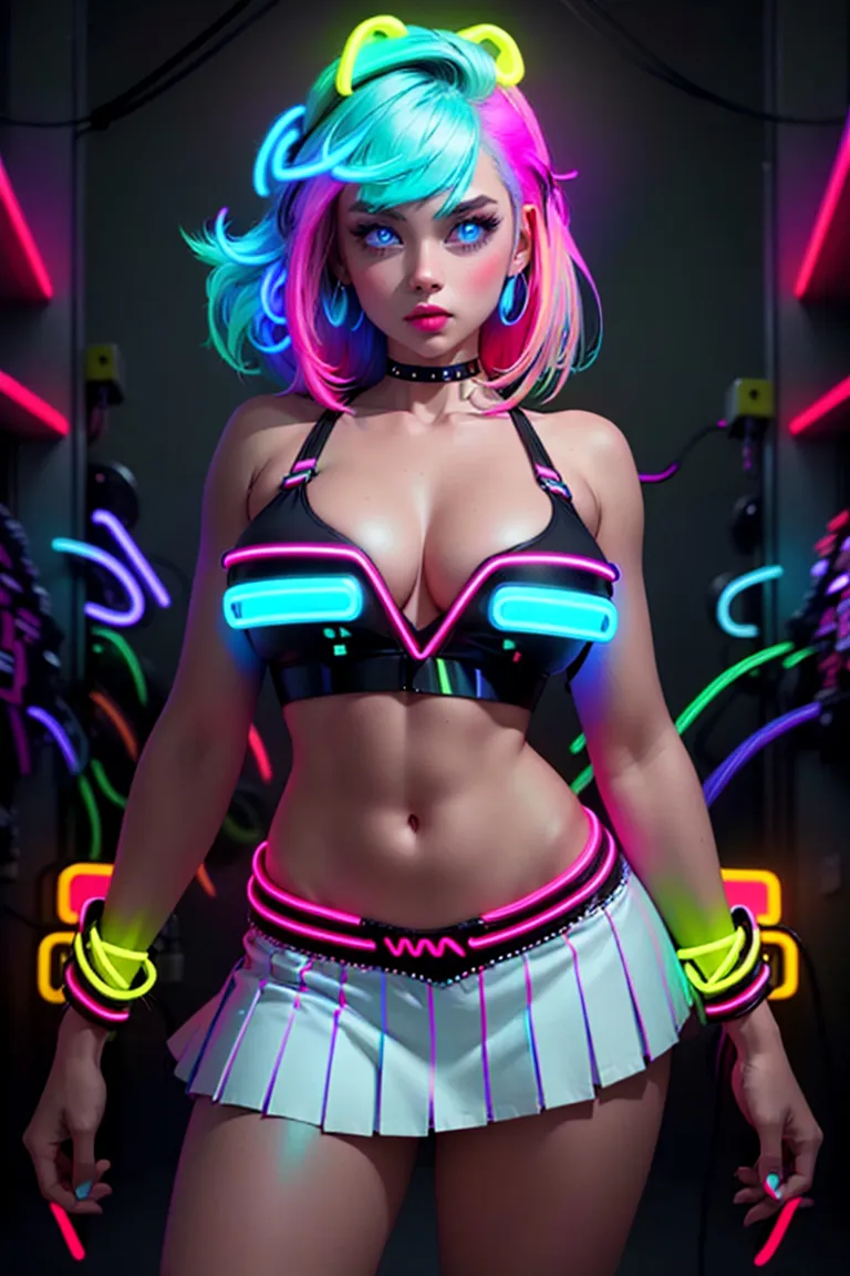 a woman in a neon outfit standing in front of neon lights