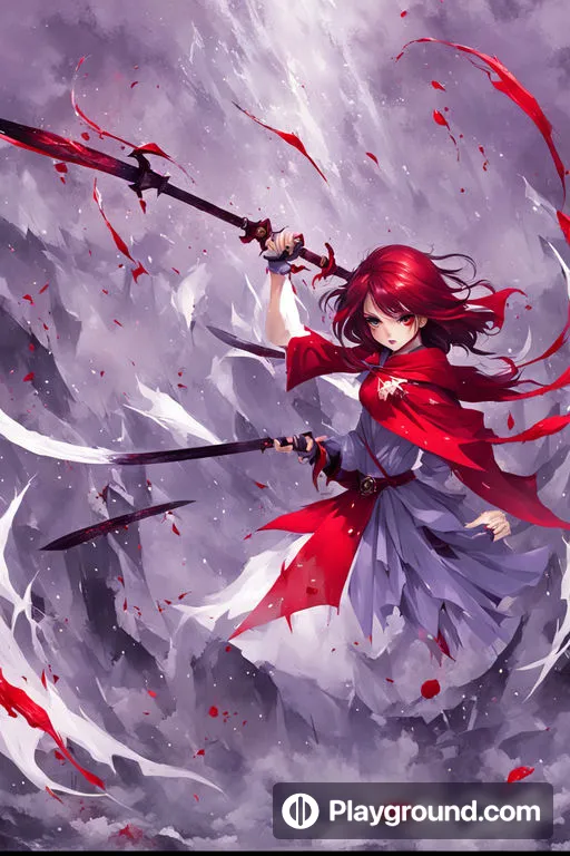 a girl with red hair holding two swords