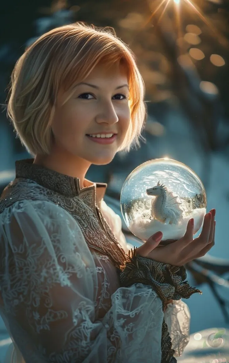 a woman holding a snow globe in her hands