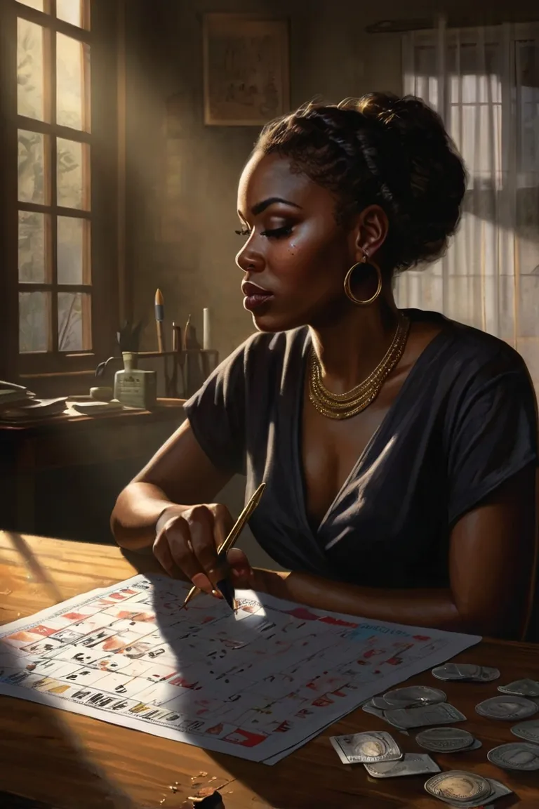 A beautiful black woman marks Day 1 on a calendar with a pen. Loose change is scattered on a table, casting long, eerie shadows.