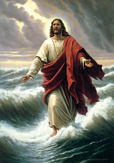 a painting of jesus walking in the water