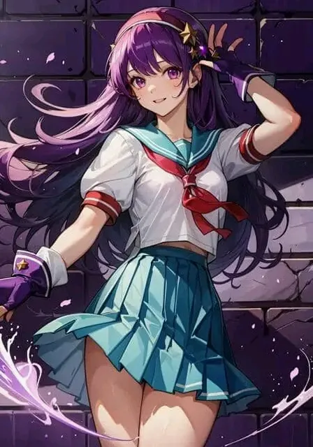 a girl with long purple hair and purple gloves