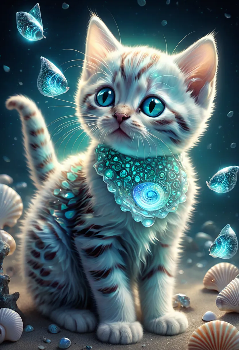 A dreamlike painting of a pastel kitten wearing a dainty necklace made of flowers