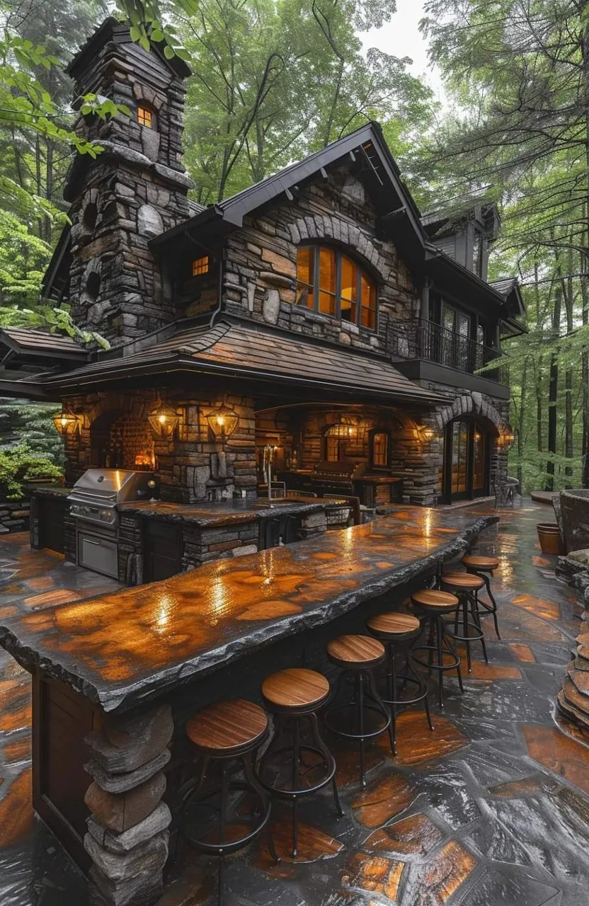 An outdoor bar area surrounded by lush greenery and decorated with string lights, with minimalist wooden seating