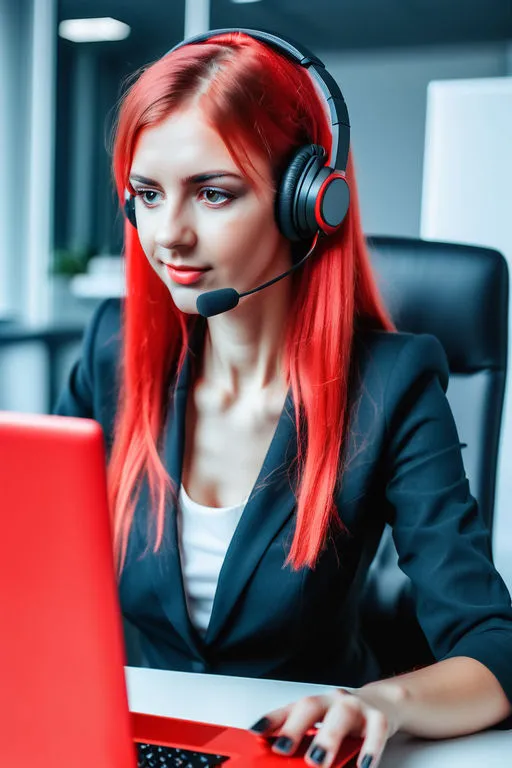 a woman with red hair wearing a headset and using a laptop