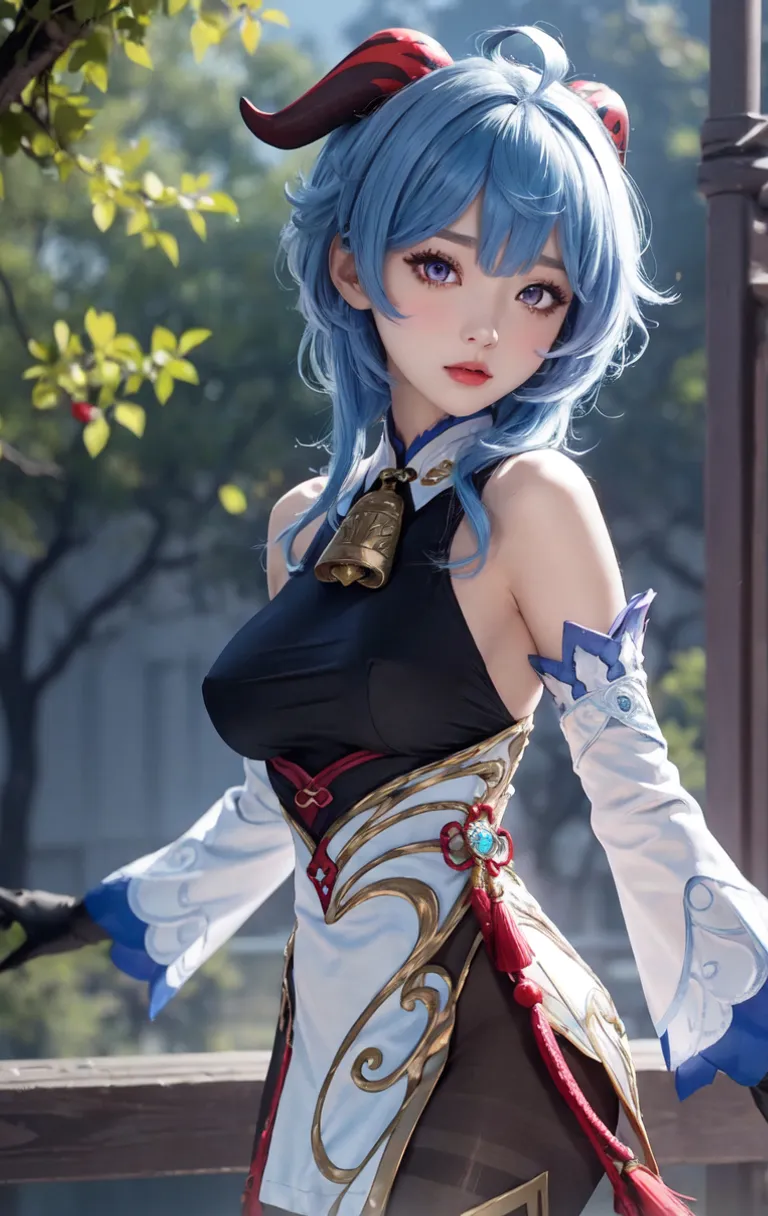 a woman with blue hair wearing a costume