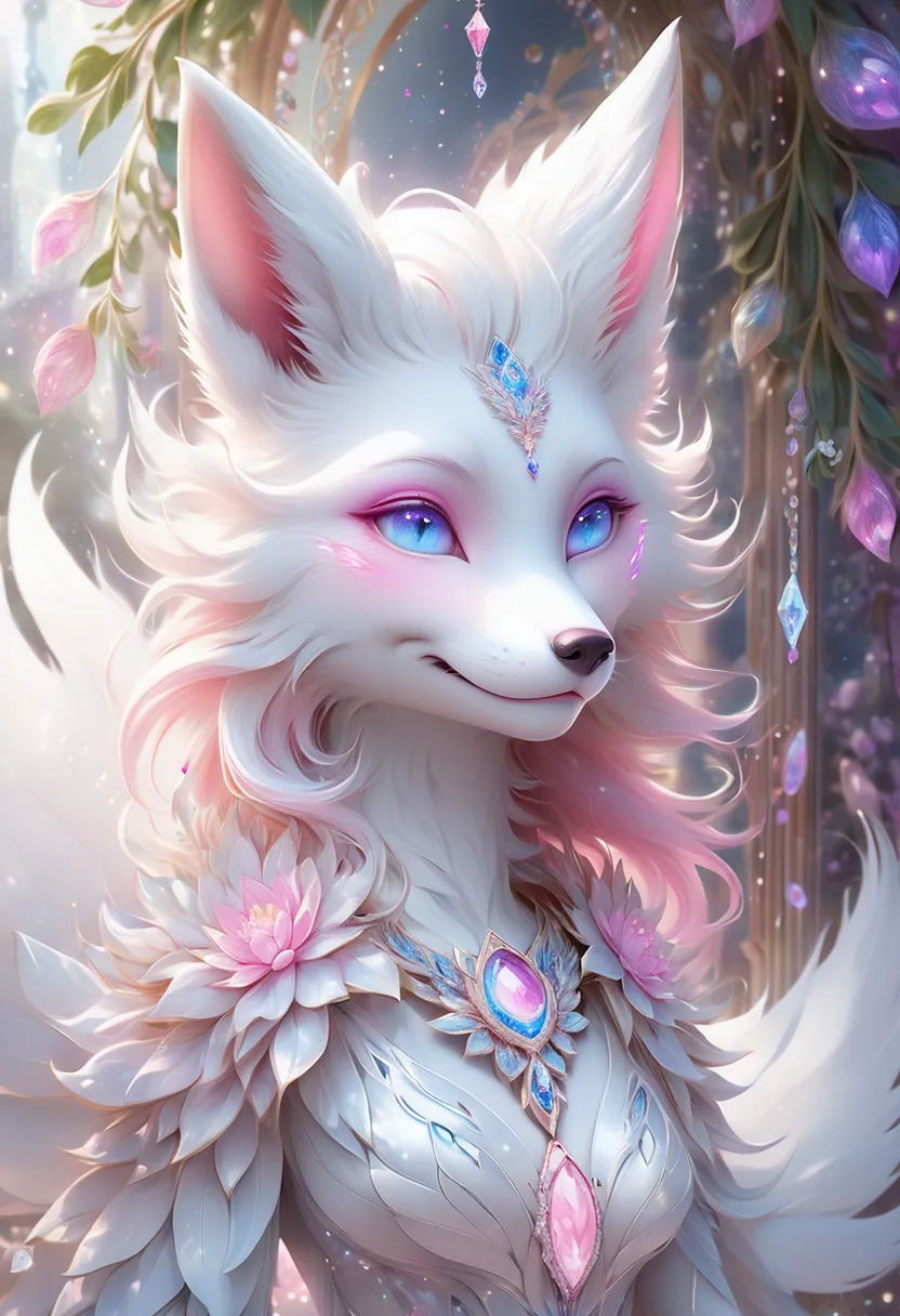 a painting of a white fox with blue eyes