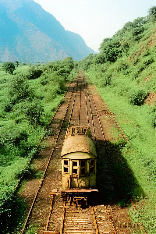 a abandoned rusty train sitting on train tracks next to a lush green hillside; camera zooming in