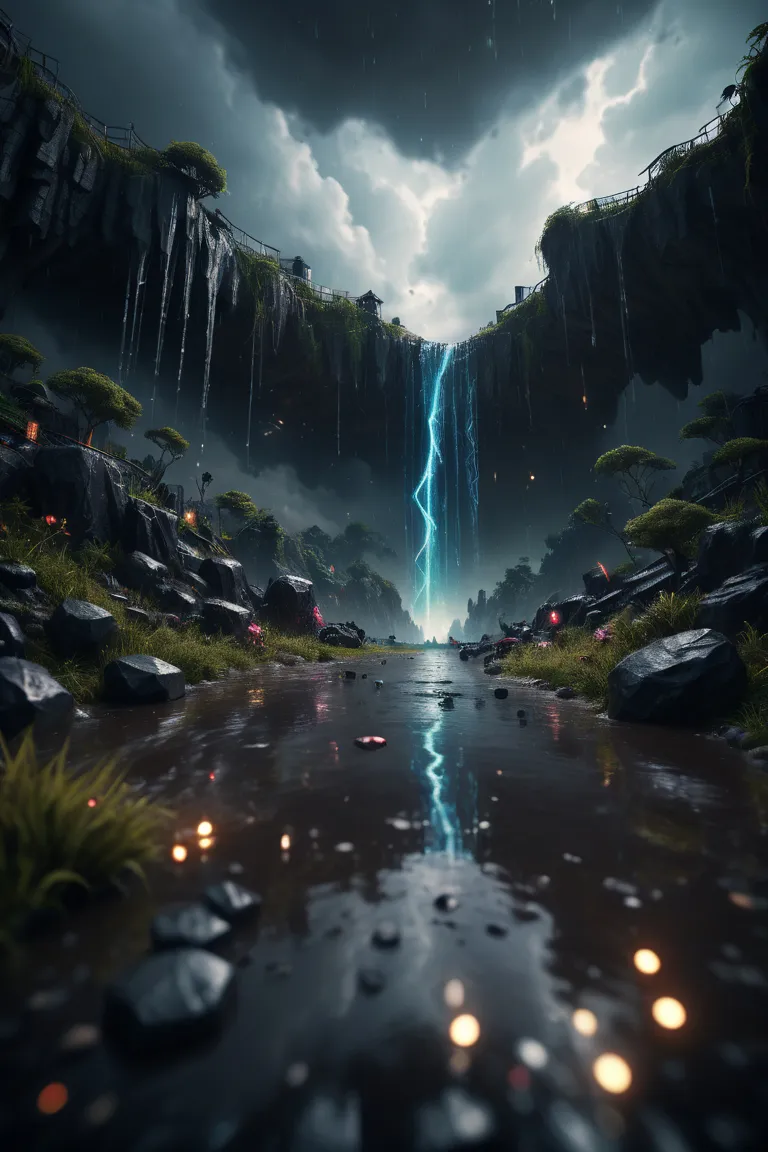 a large waterfall with a lightning bolt flowing through it