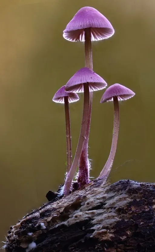 a group of purple mushrooms sitting on top of a rock