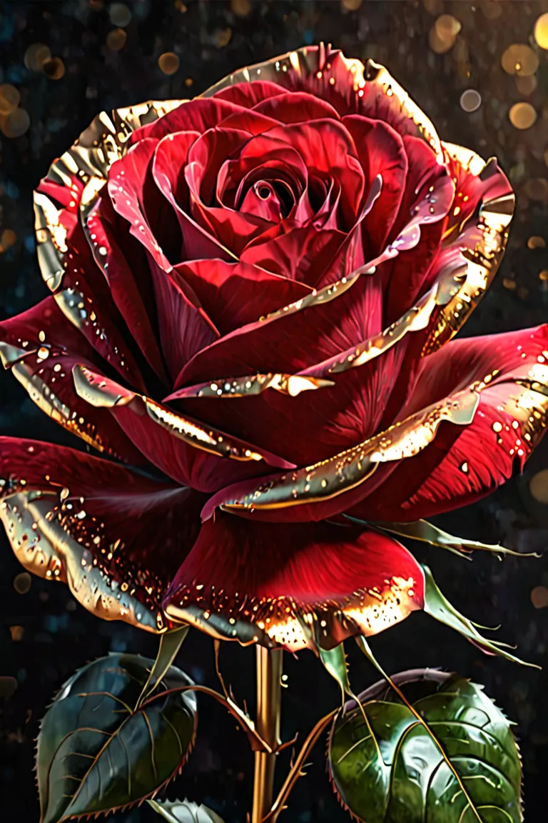 A close-up of a red rose with contrasting shadow and light, rendered in a dramatic chiaroscuro style with gold gilding and droplets of water