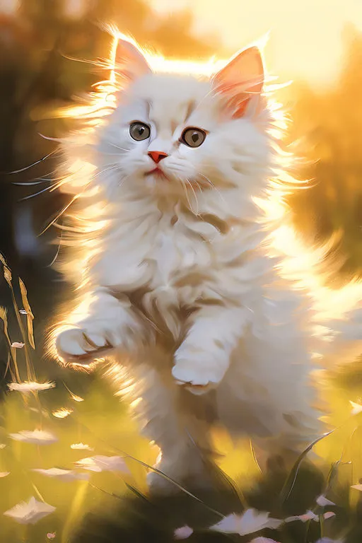 a white kitten running through a field of flowers