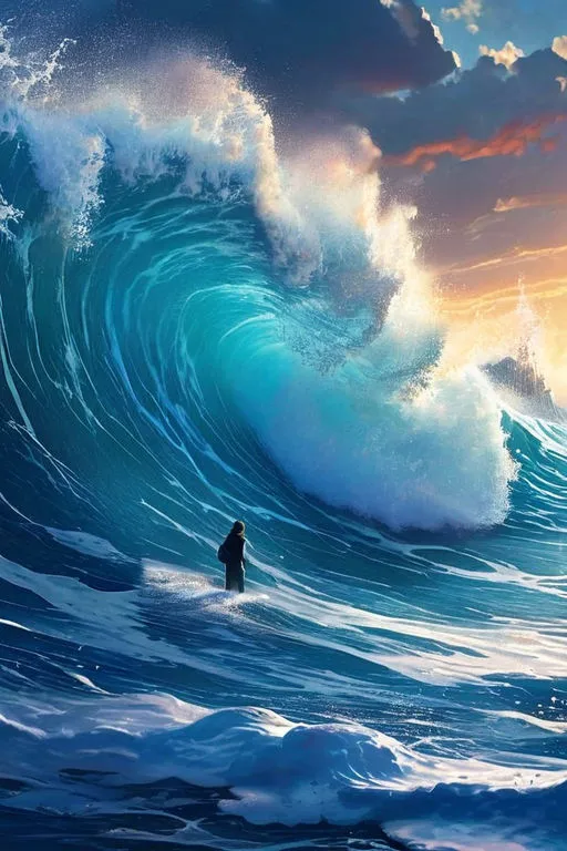 a painting of a person standing in the middle of a large wave