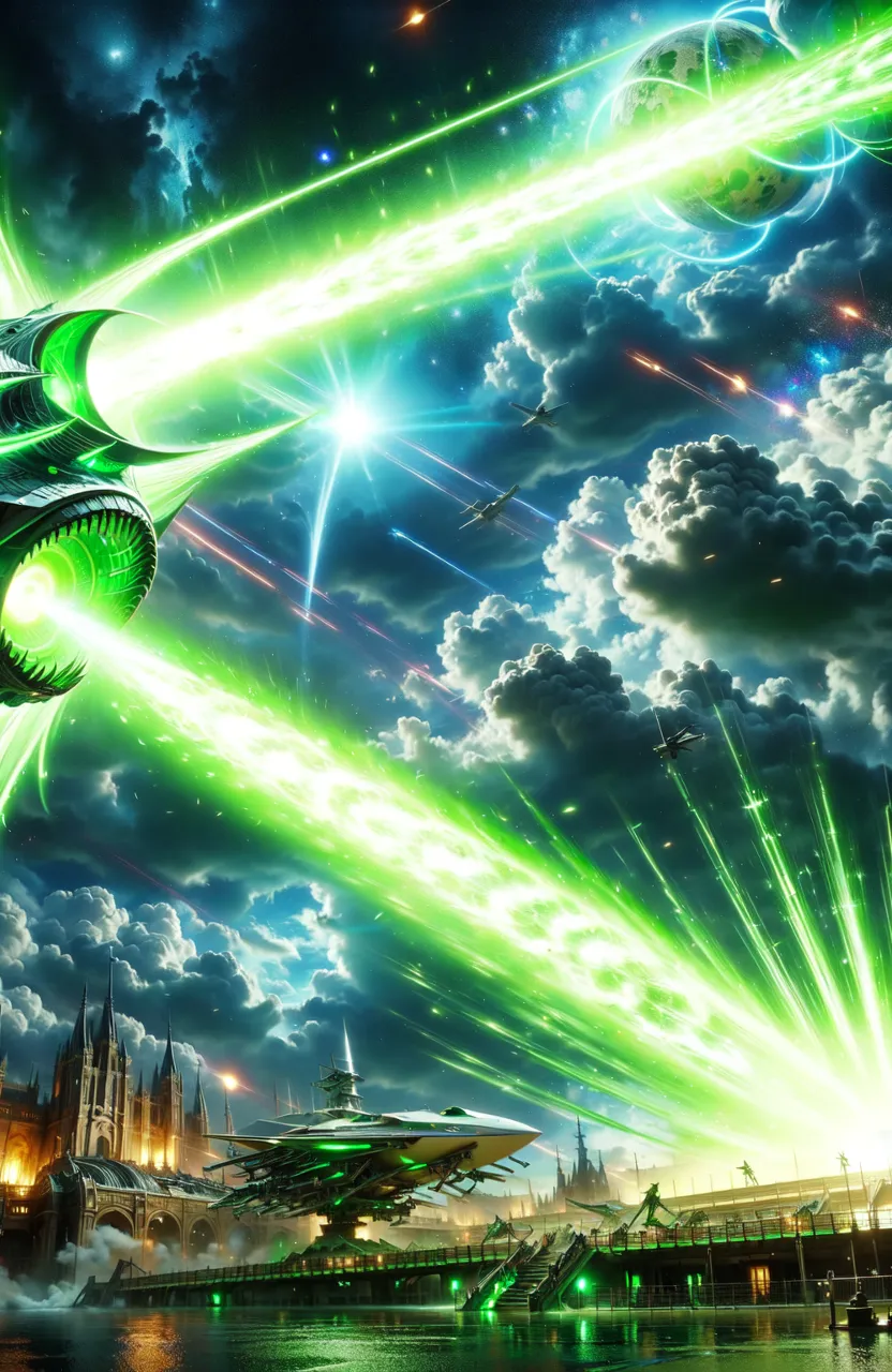 A close up shot of plasma laser cannons firing.