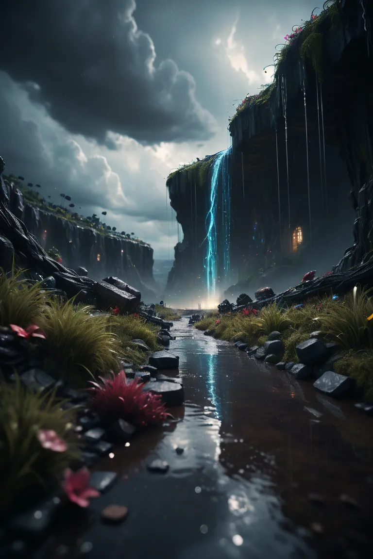 a fantasy scene with a waterfall in the distance