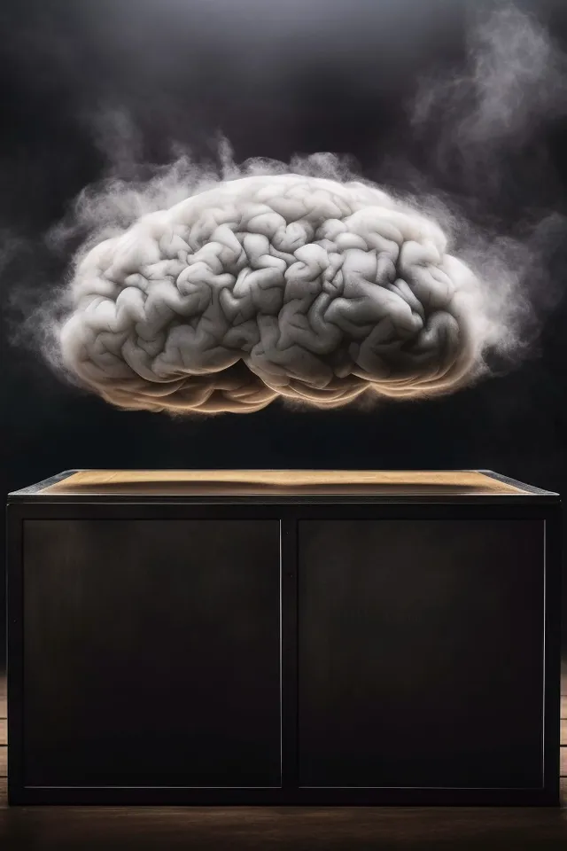a cloud of smoke floating over a black cabinet