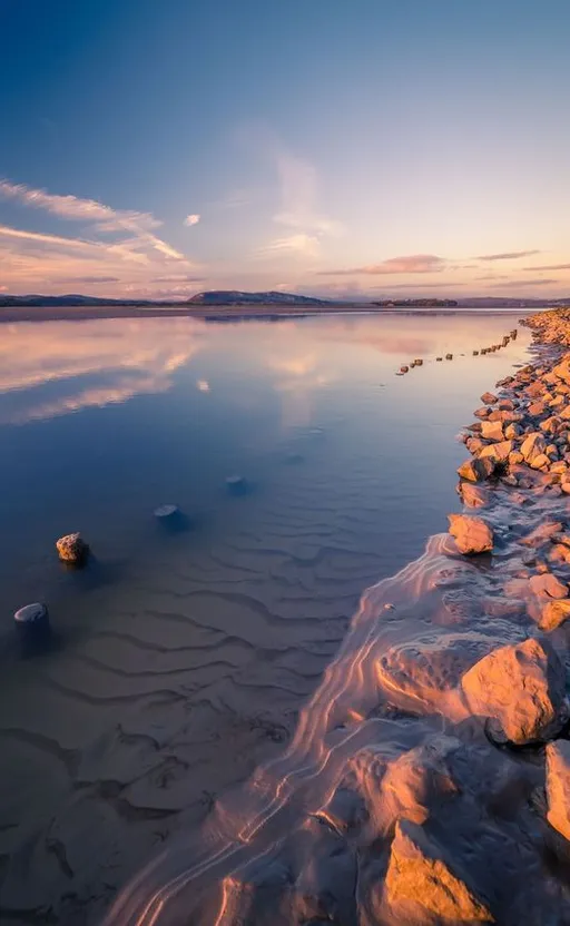 a beach with rocks in the water and a sky in the background