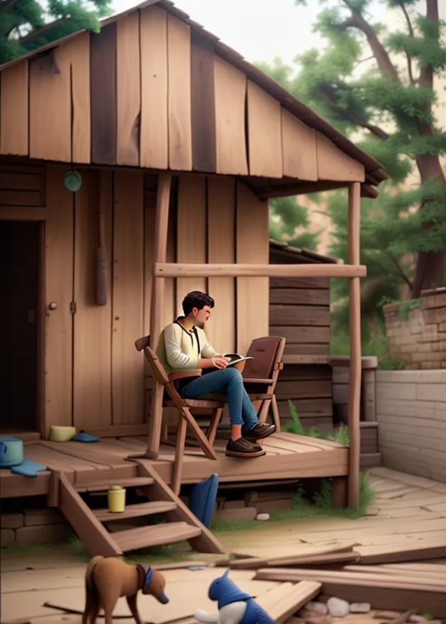 a painting of a man sitting on a porch