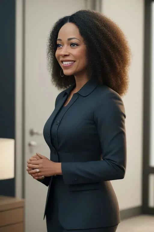 a woman in a suit standing in a room