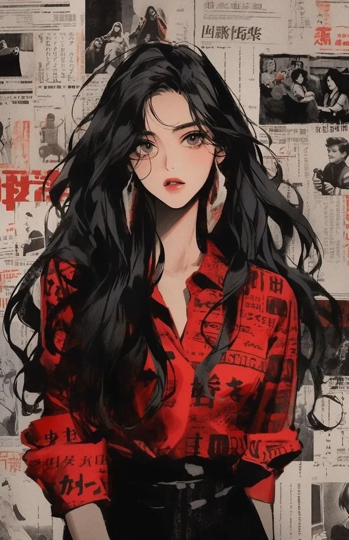 a painting of a woman with long black hair come to front