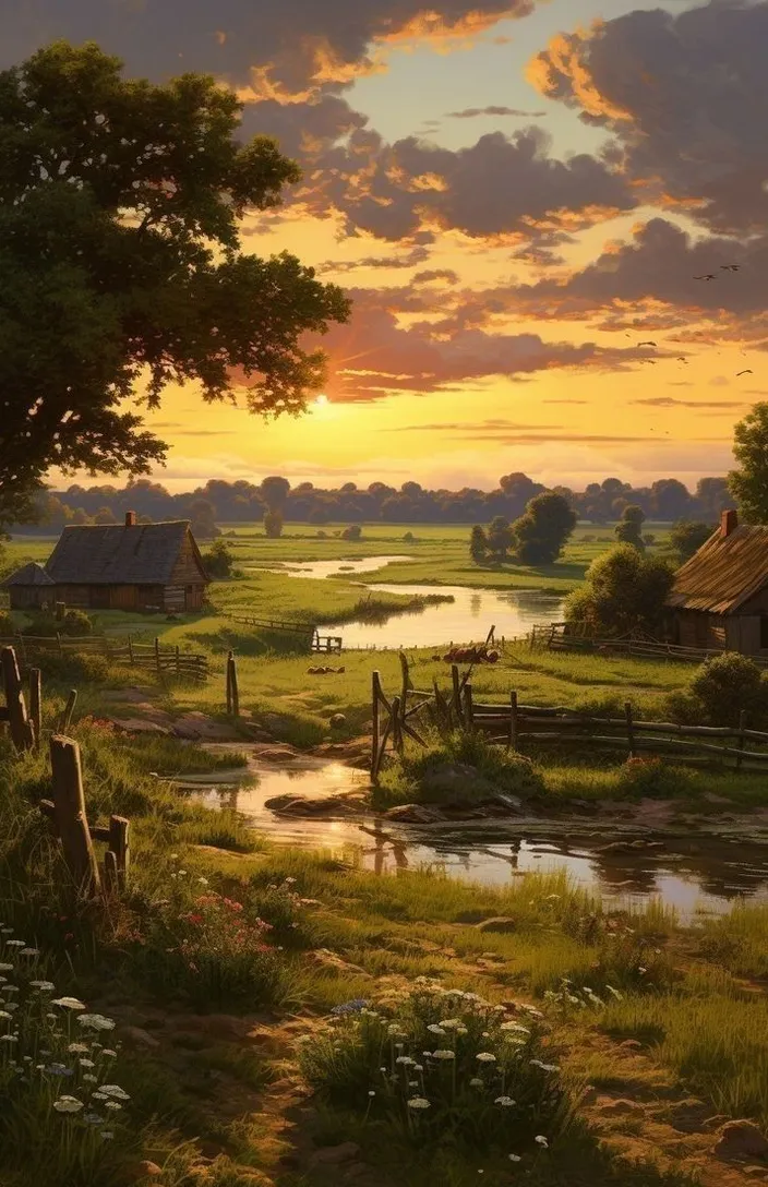 a painting of a sunset on a farm