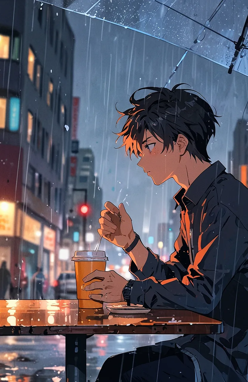 anime man sitting at a table in the rain 