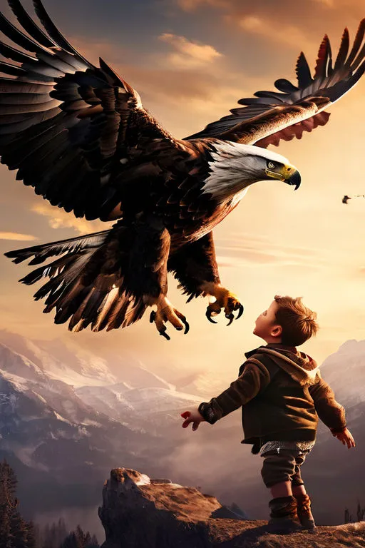 a boy looking at an eagle in the sky