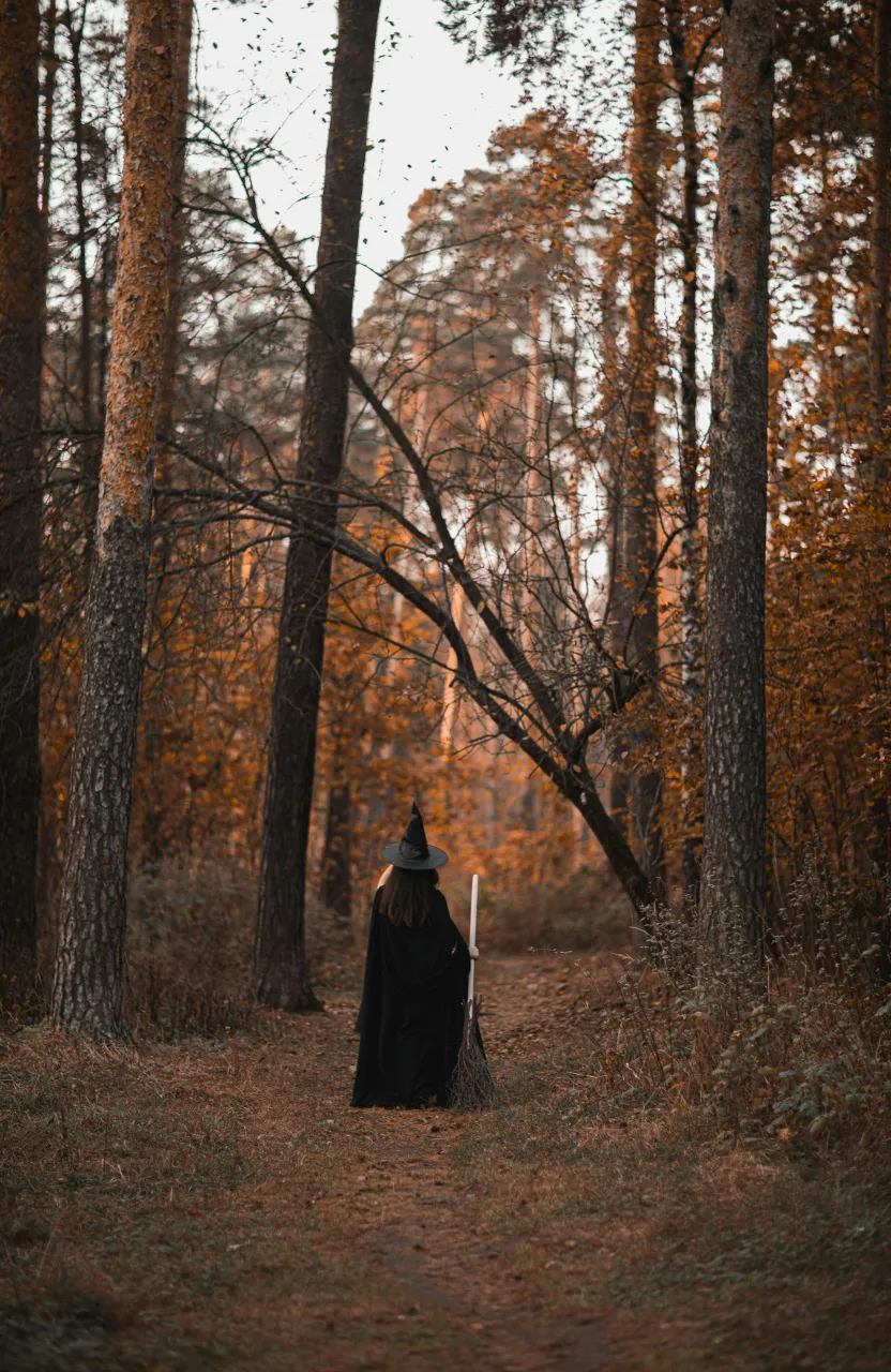 a person in a black cloak and hat walking through a forest