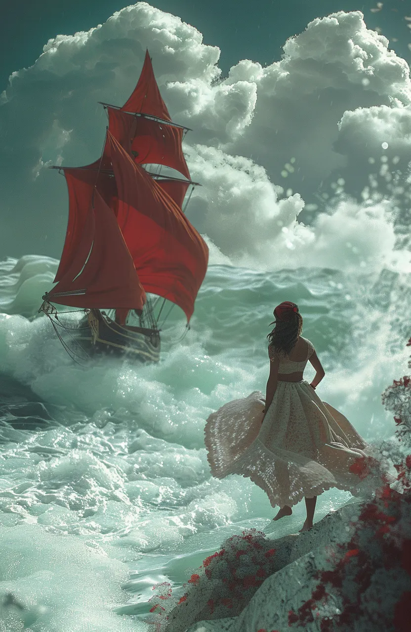 a girl in a dress standing on a rock looking at a ship in the ocean