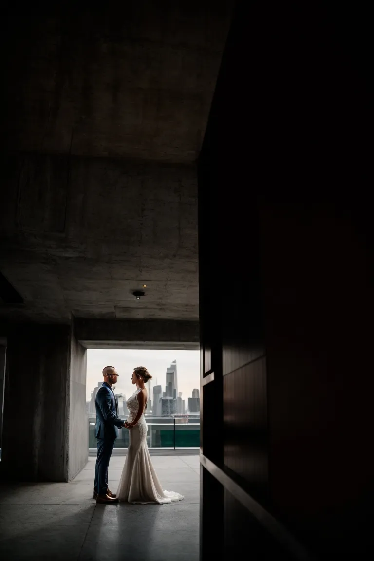 a bride and groom standing in a doorway