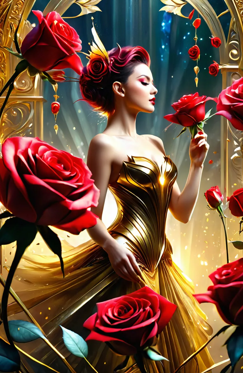 A cosmic woman holding a rose, surrounded by a swirling nebula of roses and stars