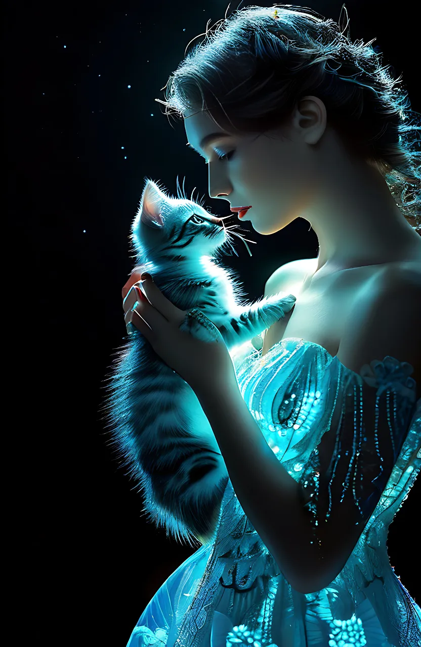 a woman in a blue dress holding a cat